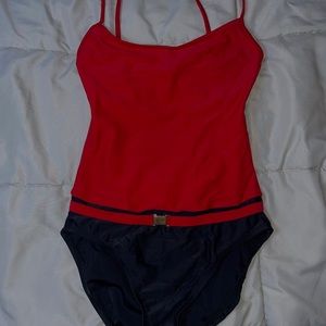 Red and dark blue one piece swim suit